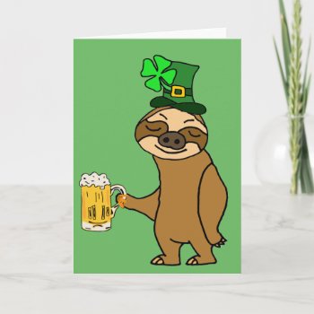 Funny Sloth Drinking Beer St. Patrick's Day Art Card by patcallum at Zazzle