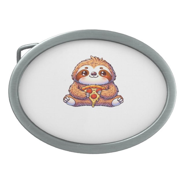 Funny Sloth eating Pizza, Kawaii Animal Lover Clas Belt Buckle (Front)