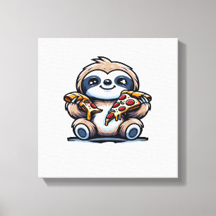Funny Sloth eating Pizza, Kawaii Animal Lover Over Canvas Print