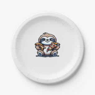 Funny Sloth eating Pizza, Kawaii Animal Lover Over Paper Plates