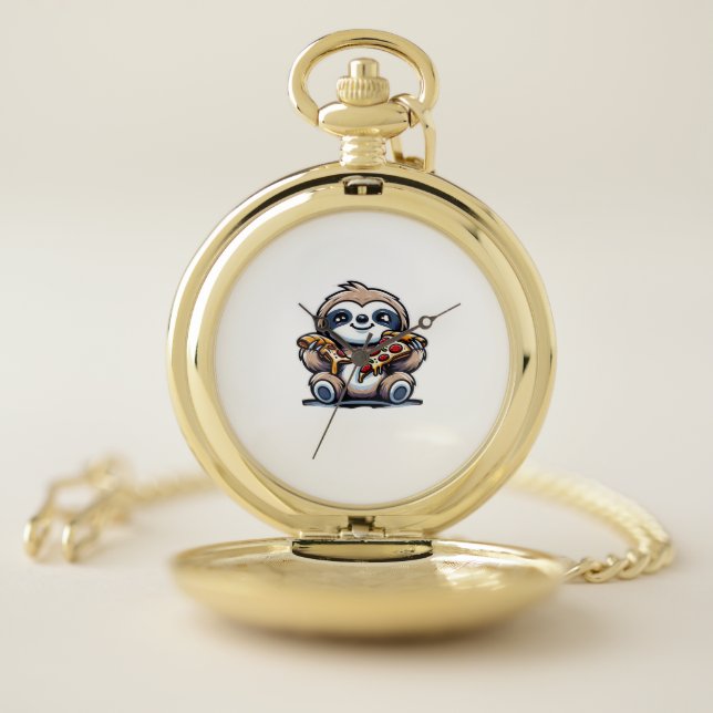 Funny Sloth eating Pizza, Kawaii Animal Lover Over Pocket Watch (Inside)