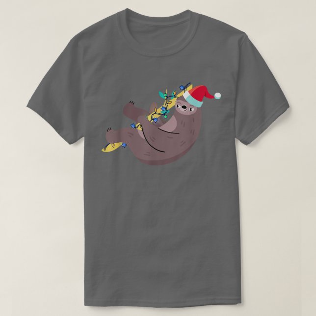 Funny Sloth Hawaiian Xmas Lights Santa Hat Christm T-Shirt (Design Front)