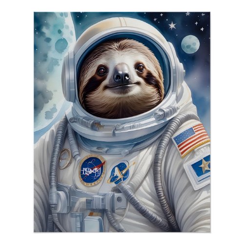 Funny Sloth in Astronaut Suit in Outer Space Poster