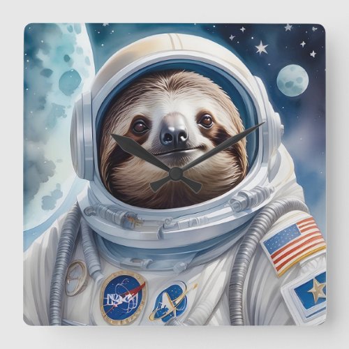 Funny Sloth in Astronaut Suit in Outer Space Square Wall Clock