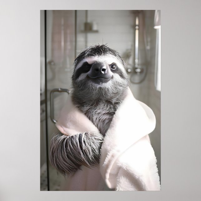 Funny Sloth in Bathrobe, Bathroom Wall Art, Cute Poster (Front)