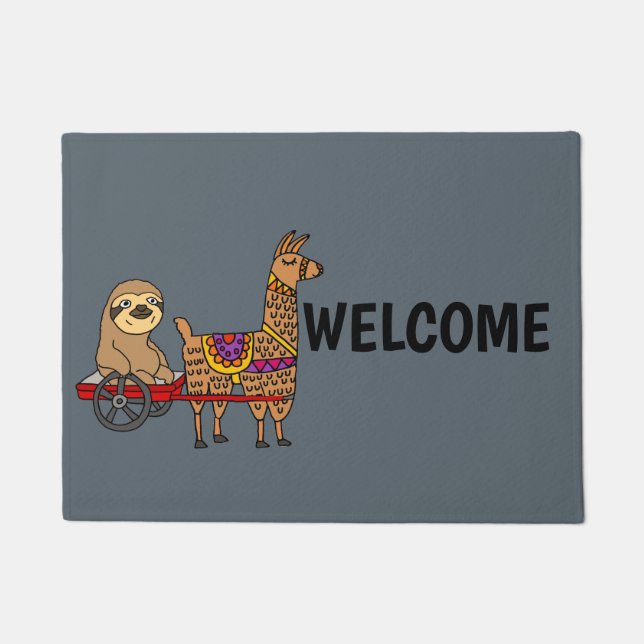 Funny Sloth in Red Wagon Pulled by Llama Doormat (Front)