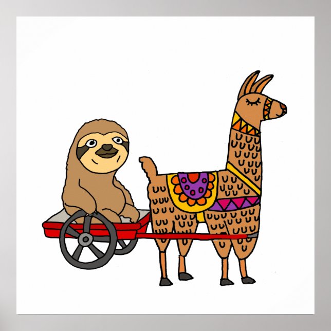 Funny Sloth in Red Wagon Pulled by Llama Poster (Front)