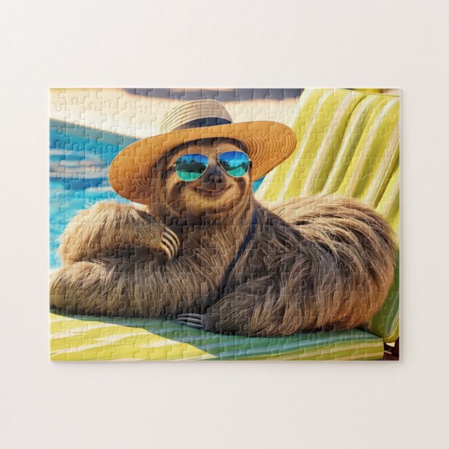 Funny Sloth in Sunglasses by the Pool Jigsaw Puzzle (Horizontal)