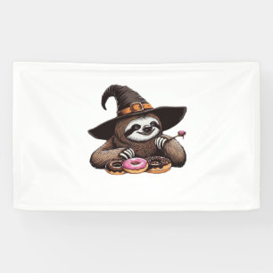 Funny Sloth in Witch Hat Enjoying Donuts - Cute Ha Banner