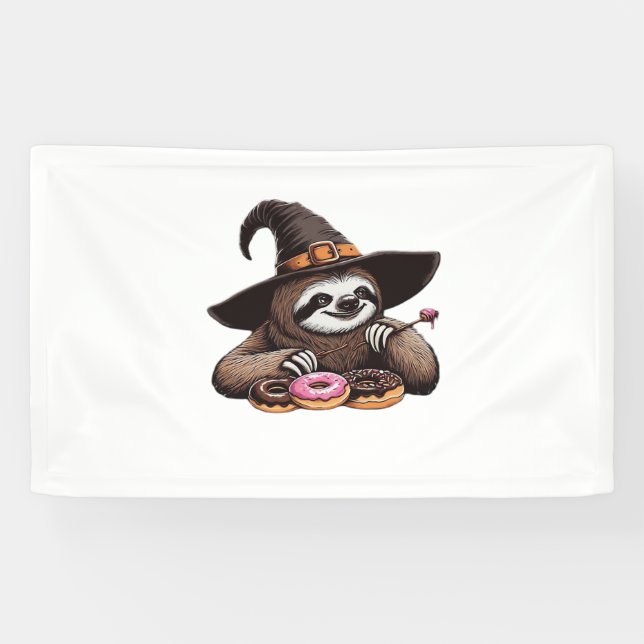 Funny Sloth in Witch Hat Enjoying Donuts - Cute Ha Banner (Horizontal)