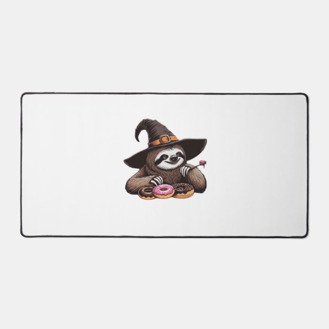 Funny Sloth in Witch Hat Enjoying Donuts - Cute Ha Desk Mat (Front)