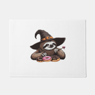 Funny Sloth in Witch Hat Enjoying Donuts - Cute Ha Doormat