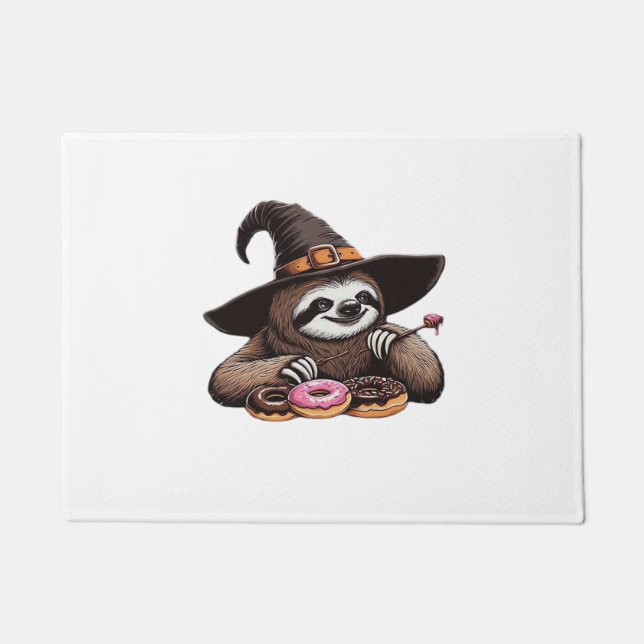Funny Sloth in Witch Hat Enjoying Donuts - Cute Ha Doormat (Front)