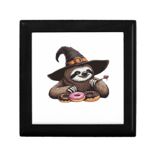 Funny Sloth in Witch Hat Enjoying Donuts - Cute Ha Gift Box