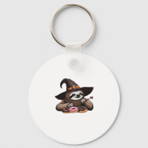 Funny Sloth in Witch Hat Enjoying Donuts - Cute Ha Keychain