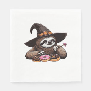 Funny Sloth in Witch Hat Enjoying Donuts - Cute Ha Napkins