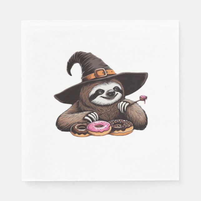 Funny Sloth in Witch Hat Enjoying Donuts - Cute Ha Napkins (Front)
