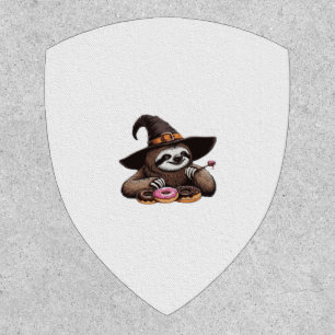 Funny Sloth in Witch Hat Enjoying Donuts - Cute Ha Patch