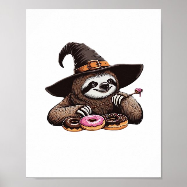 Funny Sloth in Witch Hat Enjoying Donuts - Cute Ha Poster (Front)