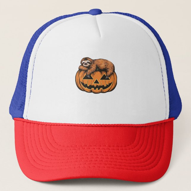 Funny Sloth on Halloween Pumpkin Essential T-Shirt Trucker Hat (Front)