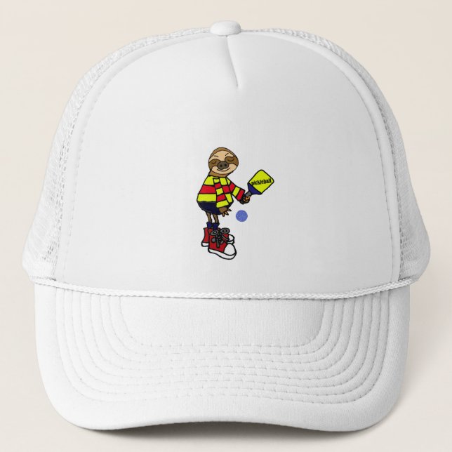 Funny Sloth Playing Pickleball Cartoon Trucker Hat (Front)