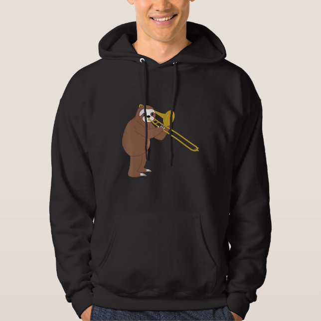 Funny Sloth Playing Trombone Brass Music Hoodie (Front)