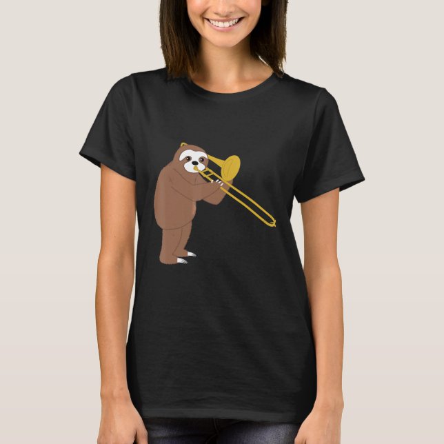 Funny Sloth Playing Trombone Brass Music T-Shirt (Front)