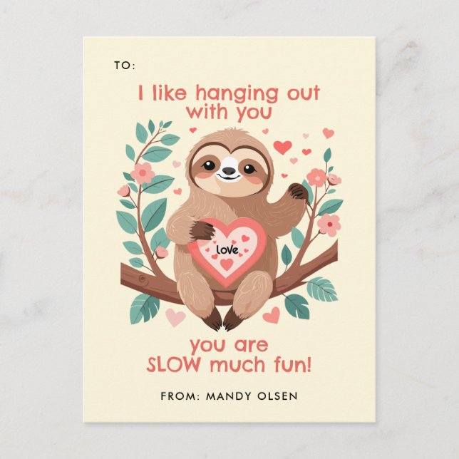 Funny Sloth Pun Cute Animal Valentine's Day Holiday Postcard (Front)