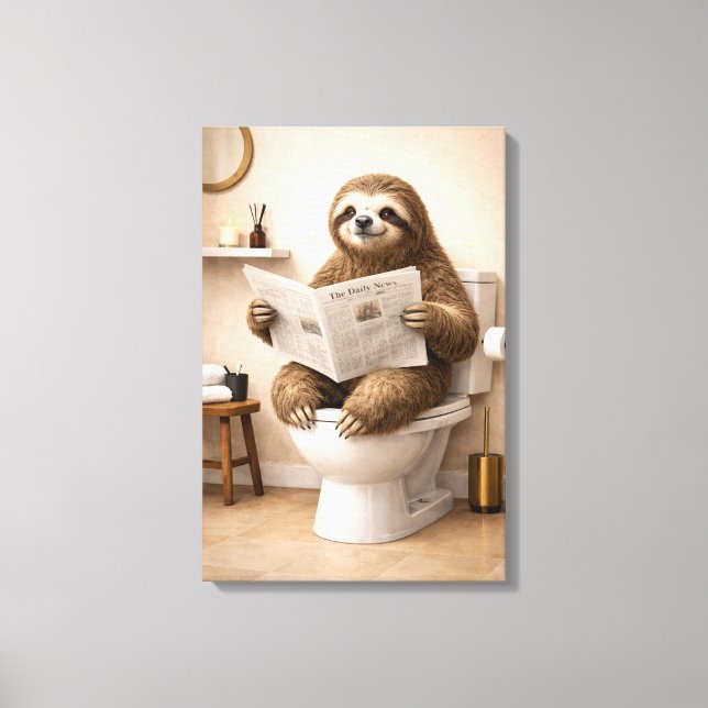 Funny Sloth Reading Newspaper Bathroom Humor Canvas Print (Front)