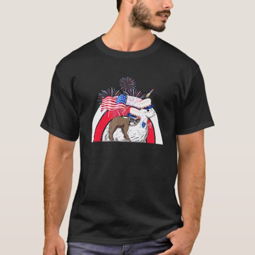 Funny Sloth Riding LLama 4th Of July American Flag T-Shirt