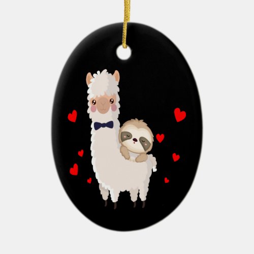 Funny Sloth Riding Llama Shirt funny Alpaca Hearts Ceramic Ornament