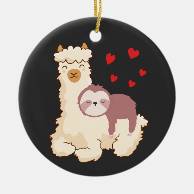 Funny Sloth Riding Llama Shirt funny Alpaca Hearts Ceramic Ornament (Front)