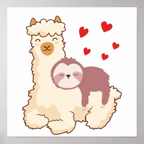 Funny Sloth Riding Llama Shirt funny Alpaca Hearts Poster