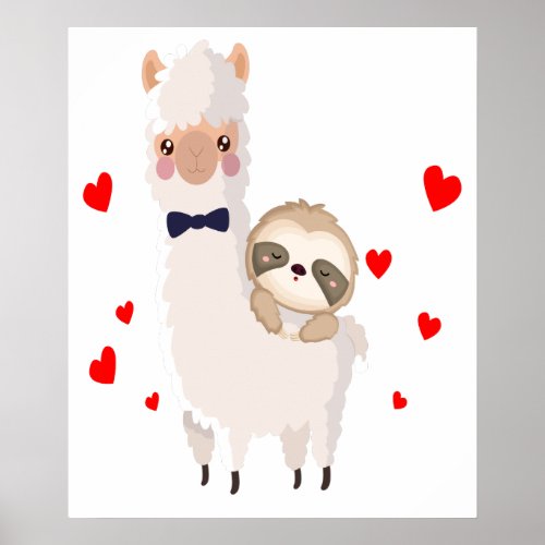 Funny Sloth Riding Llama Shirt funny Alpaca Hearts Poster