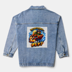 Funny Sloth Rocket Meme, Too Lazy to Walk So I Fly Denim Jacket