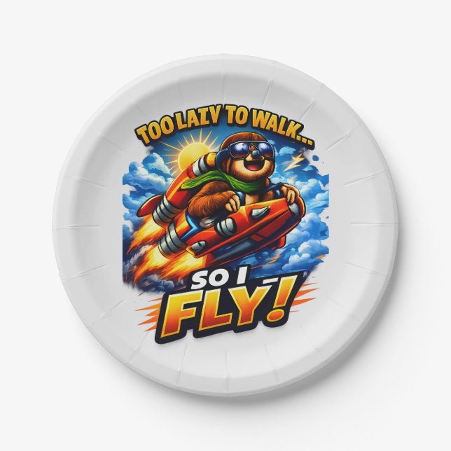 Funny Sloth Rocket Meme, Too Lazy to Walk So I Fly Paper Plates (Front)