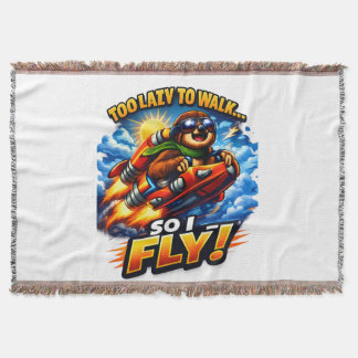 Funny Sloth Rocket Meme, Too Lazy to Walk So I Fly Throw Blanket