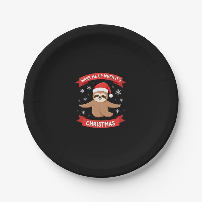 Funny Sloth wake me up when its Christmas Xmas Cut Paper Plates (Front)