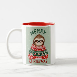 Funny Sloth With Christmas Sweater Two-Tone Coffee Mug