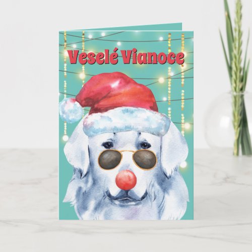 Funny Slovak Cuvak dog in lights Vesel Vianoce Card