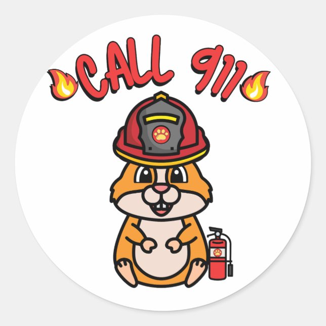 Funny small hamster is a firefighter  classic round sticker (Front)