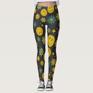 funny smile face and groovy flowers leggings