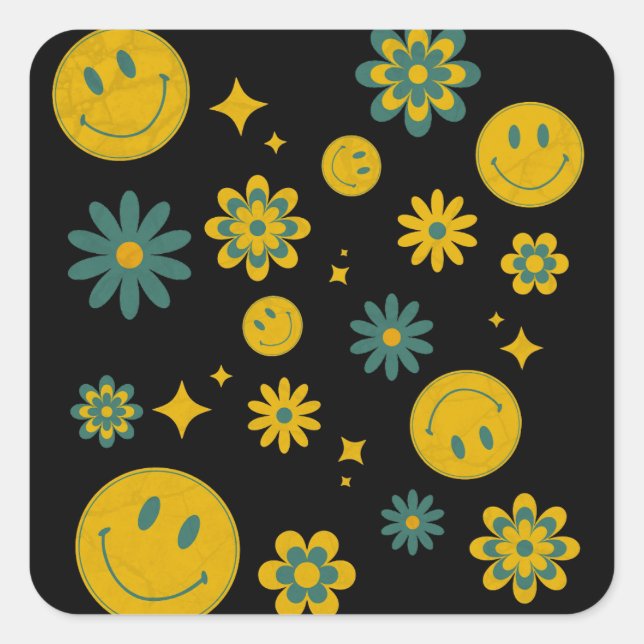 funny smile face and groovy flowers square sticker (Front)