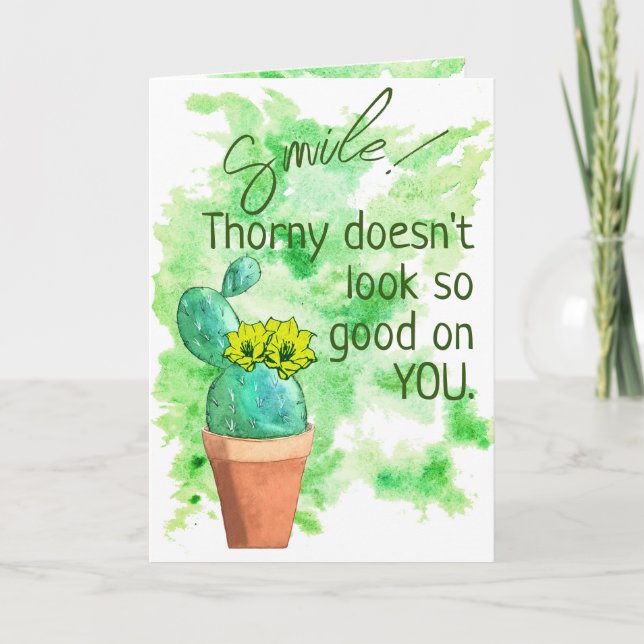 Funny Smile Thorny Yellow Flower Cactus Artwork Card (Front)