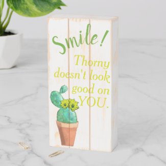 Funny Smile Thorny Yellow Flower Cactus Artwork Wooden Box Sign