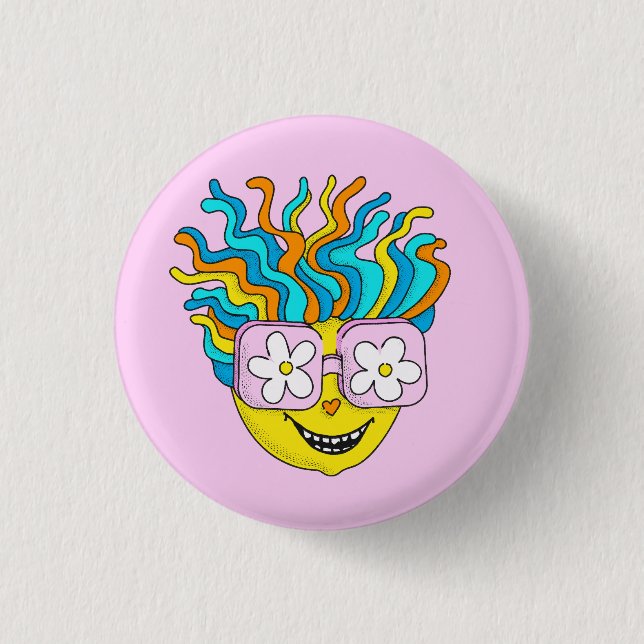 Funny Smiling Character with Pink Glasses Colorful Button (Front)