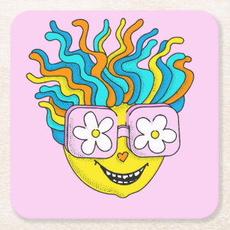 Funny Smiling Character with Pink Glasses Colorful Square Paper Coaster