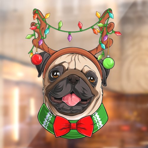 Funny Smiling Christmas Reindeer Pug Wearing Light Window Cling