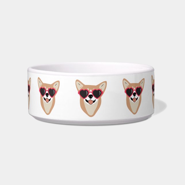  Funny Smiling Corgi With Sunglasses Dog Bowl (Front)