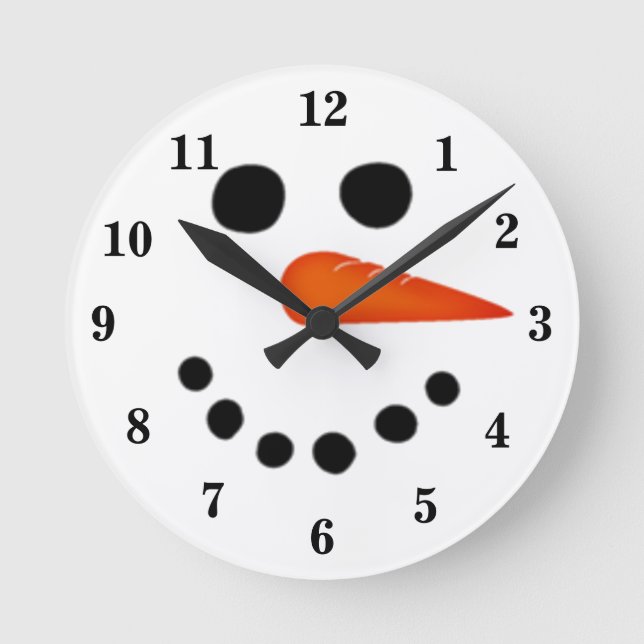Funny Smiling Snowman Round Clock (Front)